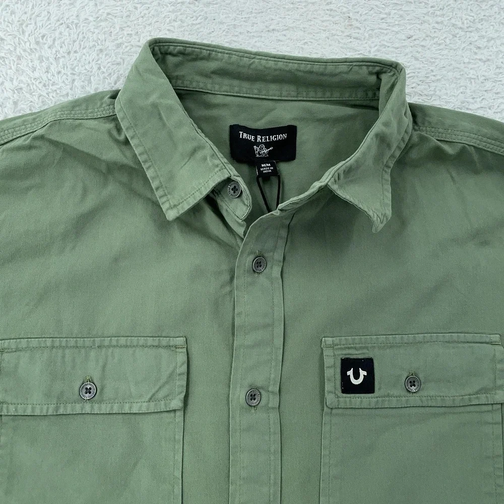 True Religion Shirt Mens Medium Olive Green Button Up Long Sleeve Logo Patch‎